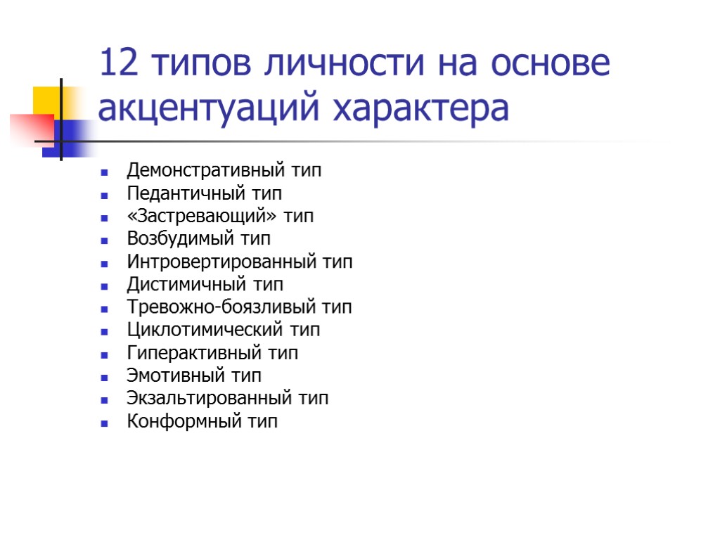 12 типов личности на основе акцентуаций характера Демонстративный тип Педантичный тип «Застревающий» тип Возбудимый